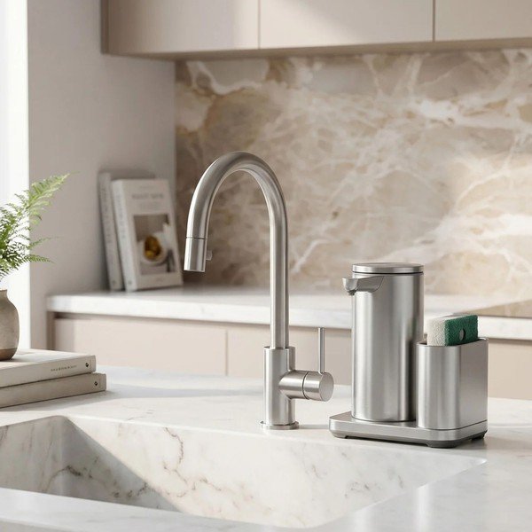 Automatinis sidabrinės spalvos iš metalo stovas skalbimo reikmenims – simplehuman-image-1