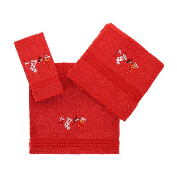 Dviejų raudonų "Corap" rankšluosčių ir vonios rankšluosčio rinkinys