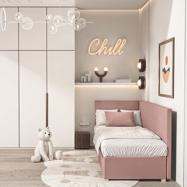 Rožinės spalvos kampinė vaikiška lova su sandėliavimo vieta su čiužiniu  90x200 cm Flexi – Ghado-image-1