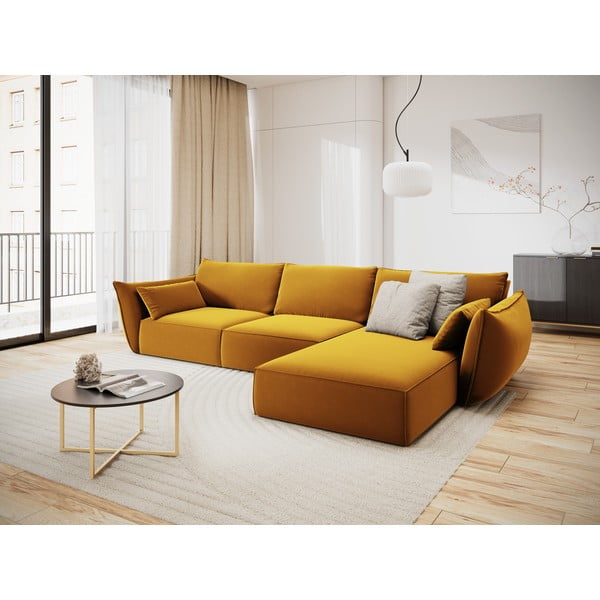 Garstyčių spalvos iš velveto kampinė sofa (su dešiniuoju kampu/su gultu) Vanda – Mazzini Sofas-image-1