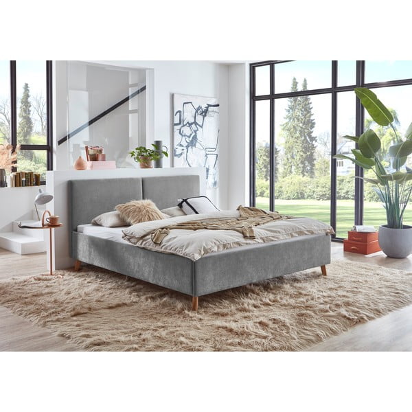 Pilkos spalvos dvigulė lova audiniu dengta su lovos grotelėmis 180x200 cm Piano – Meise Möbel-image-1
