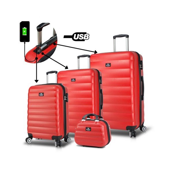 3 raudonų kelioninių lagaminų ant ratukų su USB jungtimis ir rankiniu dėklu rinkinys "My Valice RESSO Travel Set-image-1