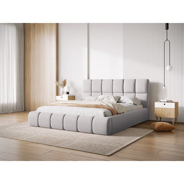 Iš aksomo dvigulė lova šviesiai pilkos spalvos audiniu dengta su sandėliavimo vieta su lovos grotelėmis 180x200 cm Bellis – Micadoni -image-1