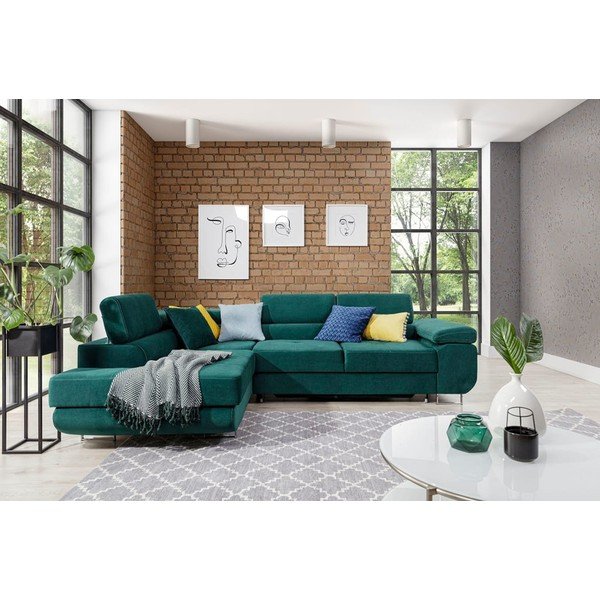 Žalios spalvos iš velveto sulankstoma/su sandėliavimo vieta kampinė sofa (su kairiuoju kampu/„L“ formos) Anton – ELTAP-image-1
