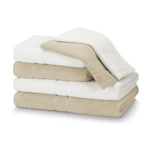 Vonios rankšluosčių rinkiniai iš medvilnės audinio baltos spalvos/smėlio spalvos 6 vnt. Rubrum – AmeliaHome