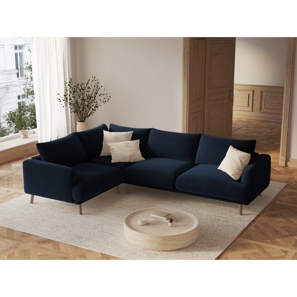 Tamsiai mėlynos spalvos kampinė sofa iš velveto (su kairiuoju kampu/„L“ formos) Naomi – Micadoni -image-1
