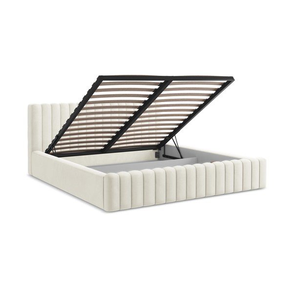 Kreminės spalvos dvigulė lova audiniu dengta su sandėliavimo vieta su lovos grotelėmis 140x200 cm Lemi – Makamii-image-3