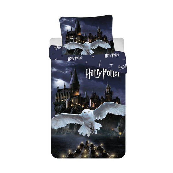 Tamsiai mėlynos spalvos/pilkos spalvos iš medvilnės viengulė vaikiška patalynė 200x140 cm Harry Potter "Hogwarts Night" – Jerry Fabrics