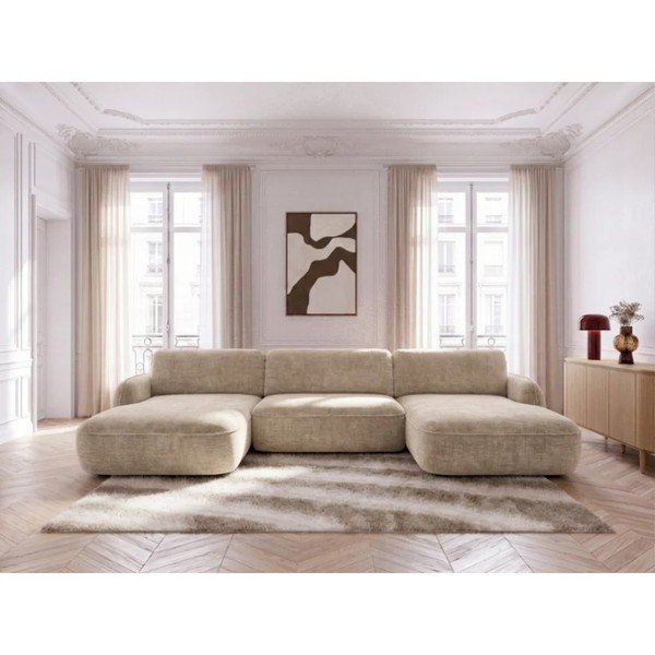Smėlio spalvos sulankstoma/su sandėliavimo vieta kampinė sofa iš velveto („U“ formos) Celeste – Bobochic Paris-image-2