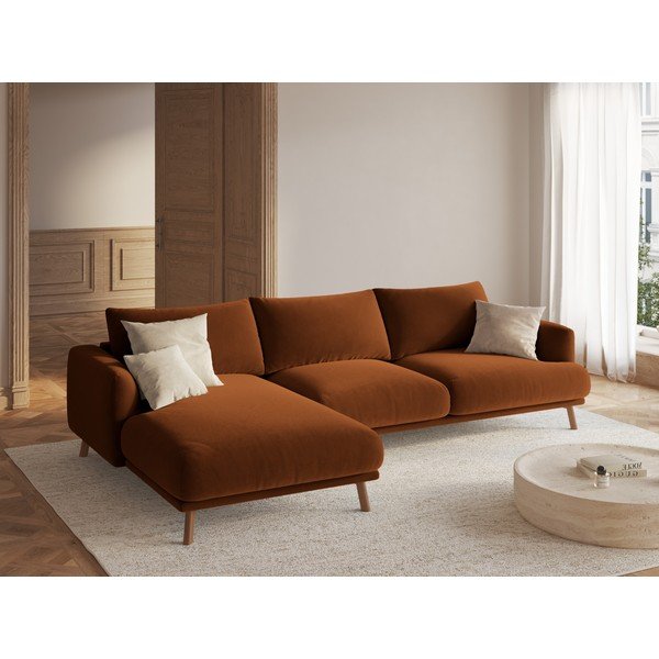 Terakotos spalvos kampinė sofa iš velveto (su kairiuoju kampu/su gultu) Naomi – Micadoni -image-1