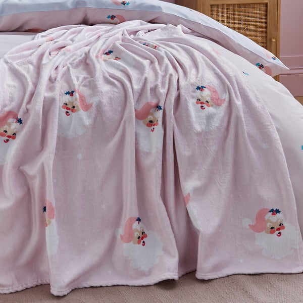 Šviesiai rožinės spalvos iš mikropliušo antklodė ir pledas su Kalėdų motyvu 130x170 cm Vintage Christmas Santa – Catherine Lansfield-image-4