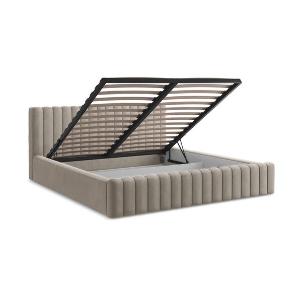 Taupe spalvos dvigulė lova audiniu dengta su sandėliavimo vieta su lovos grotelėmis 140x200 cm Lemi – Makamii-image-3