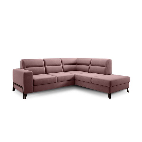 Rožinės spalvos iš velveto sulankstoma/su sandėliavimo vieta kampinė sofa (su dešiniuoju kampu/„L“ formos) Cassara – ELTAP