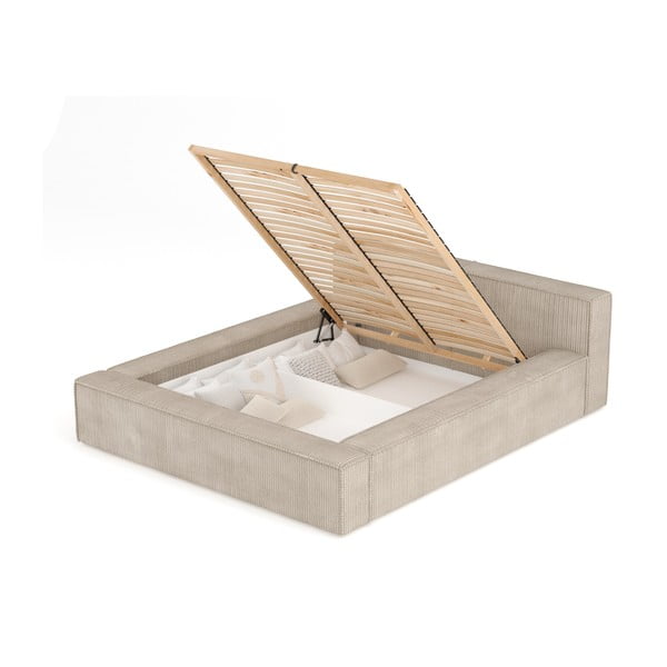 Smėlio spalvos dvigulė lova audiniu dengta su sandėliavimo vieta su lovos grotelėmis 200x200 cm Voliera – Maison de Rêve-image-3