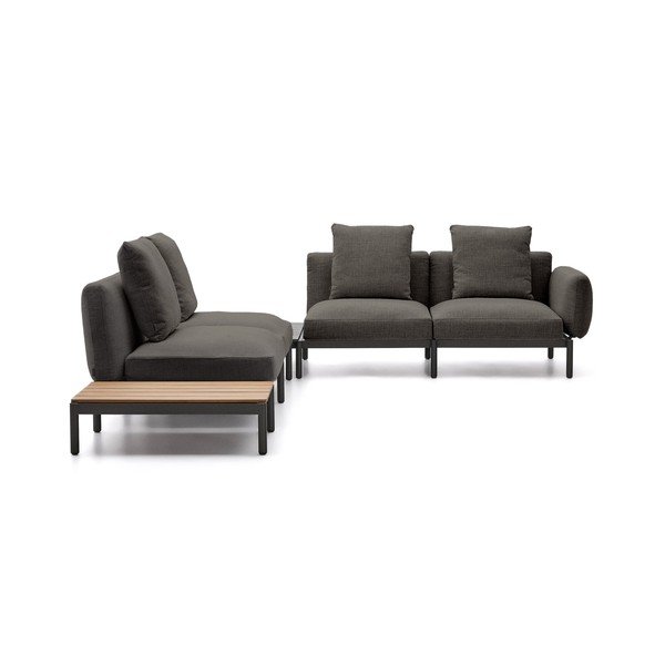 Tamsiai pilkos spalvos iš audinio sodo sofa („L“ formos) Sorells – Kave Home-image-1
