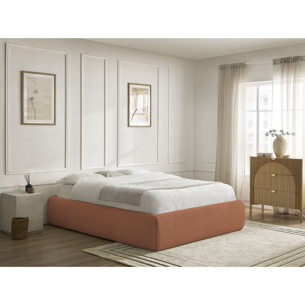 Oranžinės spalvos dvigulė lova audiniu dengta su sandėliavimo vieta/be galvūgalio su lovos grotelėmis 160x200 cm Inera – Bobochic Paris-image-1