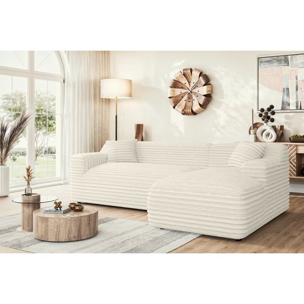Kreminės spalvos iš kordinio velveto kampinė sofa (su dešiniuoju kampu/su gultu) Martin – Ropez-image-1