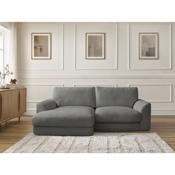 Tamsiai pilkos spalvos kampinė sofa iš boucle (su kairiuoju kampu/su gultu) Leonore – Bobochic Paris-image-1