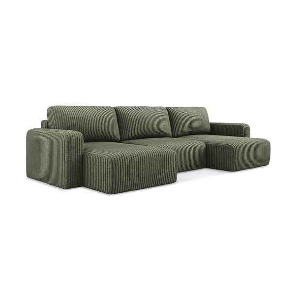 Žalios spalvos sulankstoma/su sandėliavimo vieta kampinė sofa iš kordinio velveto („U“ formos) Kona – Makamii-image-2
