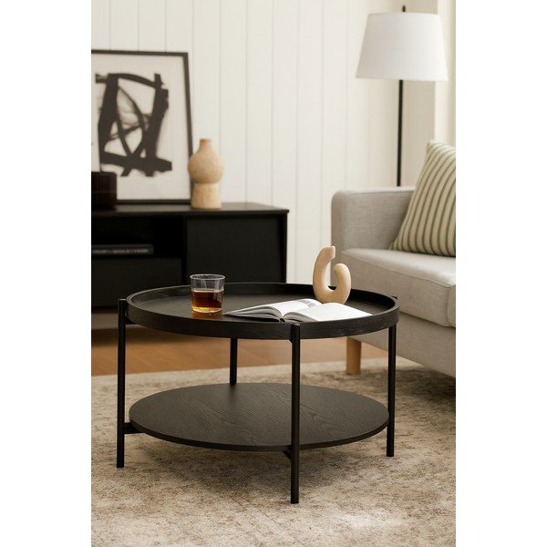 Juodos spalvos apvalios formos kavos staliukas iš ąžuolo ø 64 cm Hagen – Bonami Essentials-image-3