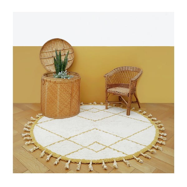 Baltos ir geltonos spalvos medvilninis rankų darbo kilimas Nattiot Come, ø 120 cm-image-2