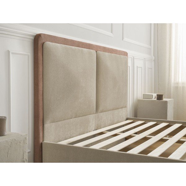 Pilkai rožinės spalvos iš audinio dvigulė lova audiniu dengta su lovos grotelėmis 160x200 cm Mara – Bobochic Paris-image-4