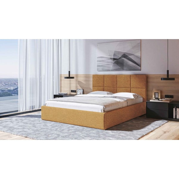 Ochros spalvos dvigulė lova audiniu dengta su sandėliavimo vieta su lovos grotelėmis 180x200 cm Bufo – MESONICA-image-1