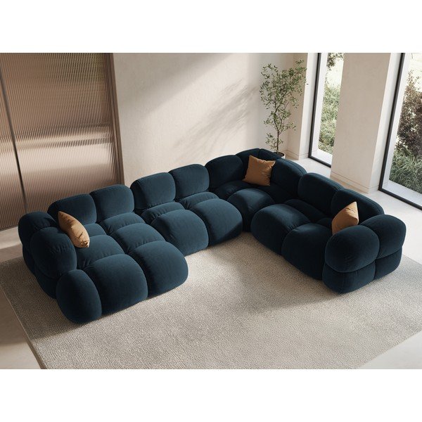 Tamsiai mėlynos spalvos iš velveto kampinė sofa (su dešiniuoju kampu/„U“ formos) Loretto – Cosmopolitan Design-image-1