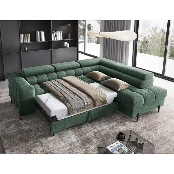 Žalios spalvos iš boucle sulankstoma/su sandėliavimo vieta kampinė sofa (su dešiniuoju kampu/„L“ formos) Ferucce – ELTAP-image-1