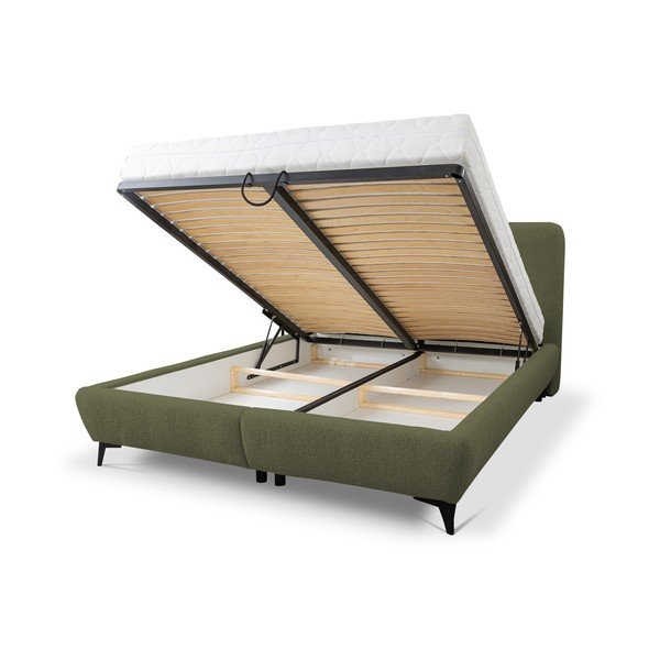 Žalios spalvos dvigulė lova audiniu dengta su sandėliavimo vieta su lovos grotelėmis 140x200 cm Makapu – Makamii-image-1