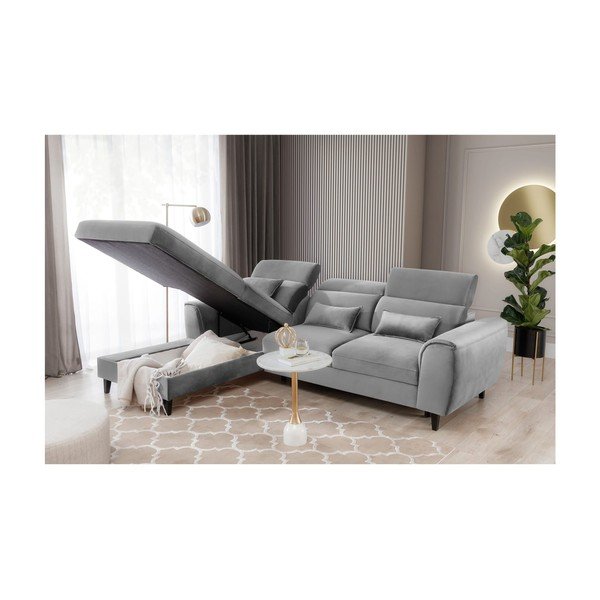 Pilkos spalvos iš velveto sulankstoma/su sandėliavimo vieta kampinė sofa (su kairiuoju kampu/su gultu) Foble – ELTAP-image-4
