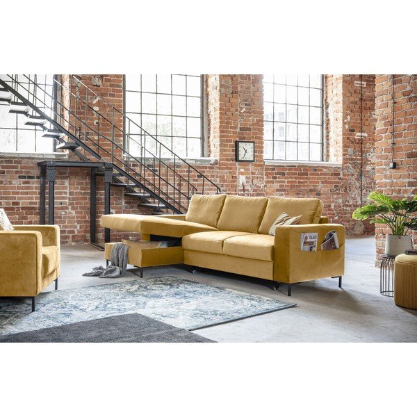 Garstyčių geltonos spalvos aksominė kampinė sofa Miuform Lofty Lilly, kairysis kampas-image-4