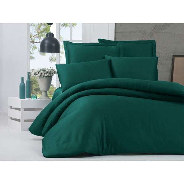Tamsiai žalios medvilnės satino dvigulės lovos paklodės su antklodės užvalkalu 240x260 cm Alisa – Mijolnir