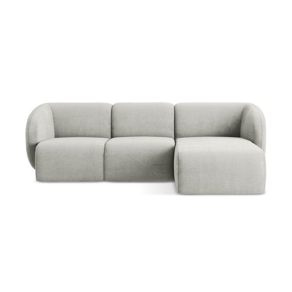 Šviesiai pilkos spalvos kampinė sofa iš šenilinio audinio (su dešiniuoju kampu/su gultu) Lani – Makamii