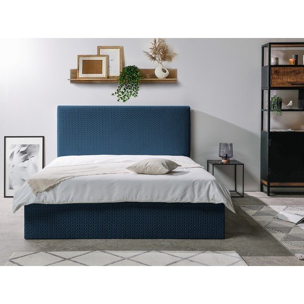 Tamsiai mėlyna minkšta dvigulė lova su daiktadėže ir grotelėmis 160x200 cm Adele - Bobochic Paris-image-2