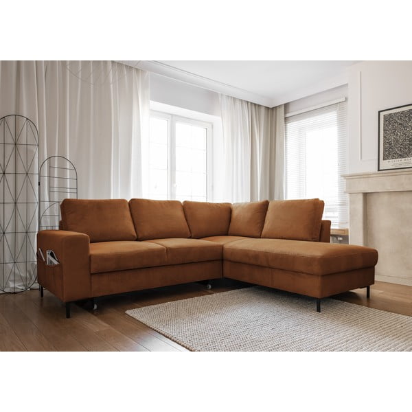 Iš kordinio velveto sulankstoma kampinė sofa oranžinės spalvos/rudos spalvos (su dešiniuoju kampu) Lofty Lilly – Miuform-image-3