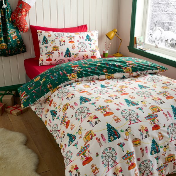 Žalios spalvos iš medvilnės dvigulė vaikiška patalynė 200x200 cm Christmas Fairground – Belle & Boo-image-2