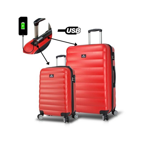 2 raudonų kelioninių lagaminų ant ratukų su USB jungtimis rinkinys "My Valice RESSNO Cabin & Large-image-1