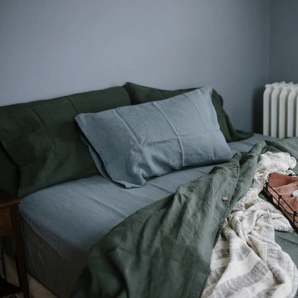 Šviesiai mėlynas lininiselastinė paklodė Linen Tales, 180 x 200 cm-image-1