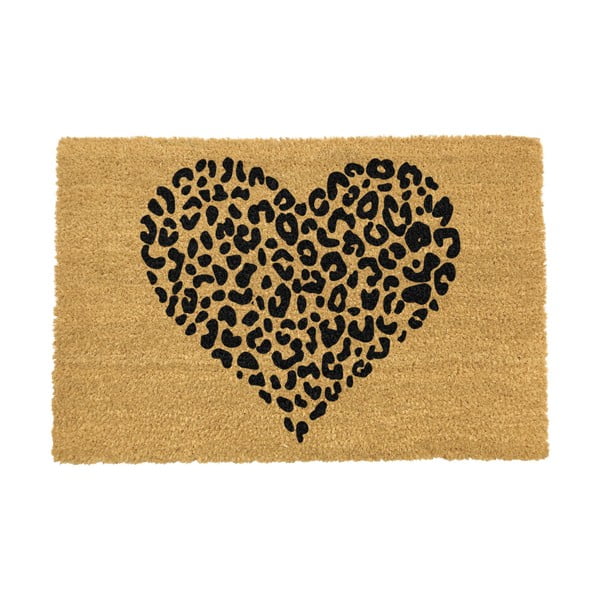 Juodas natūralaus kokoso pluošto kilimėlis Artsy Doormats Leopard Heart, 40 x 60 cm