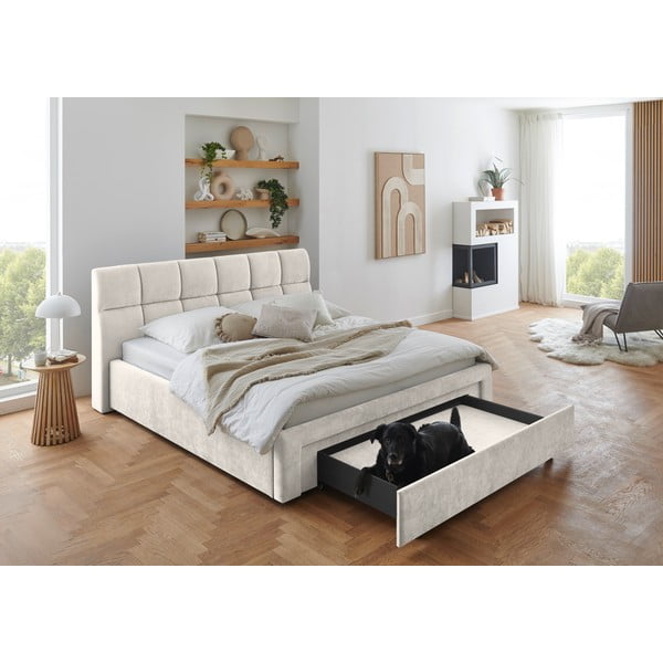 Smėlio spalvos dvigulė lova audiniu dengta be grotelių 180x200 cm Canyon – Meise Möbel-image-1