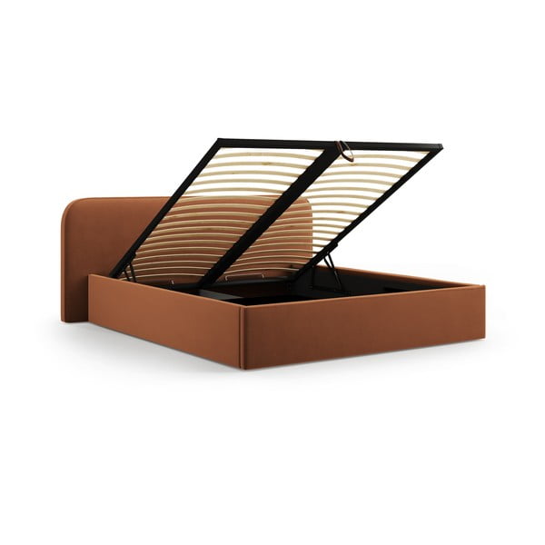 Terakotos spalvos dvigulė lova audiniu dengta su sandėliavimo vieta su lovos grotelėmis 160x200 cm Elizabeth – Micadoni -image-2