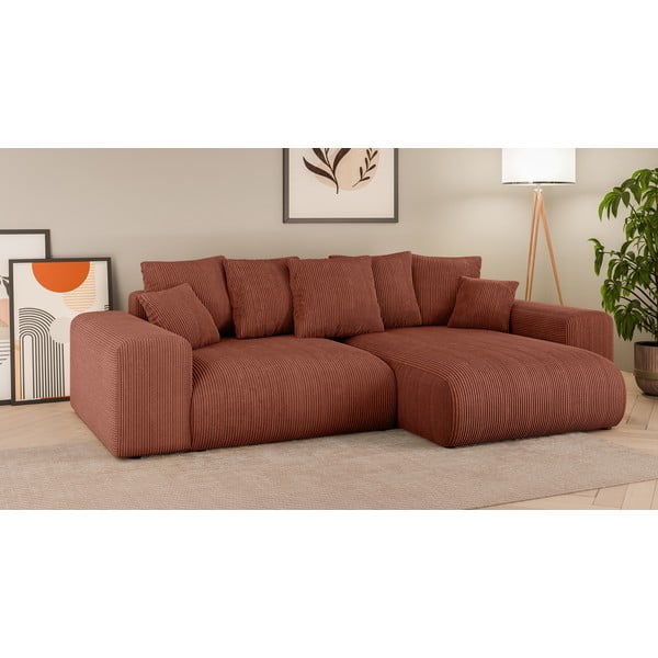 Raudonos plytų spalvos iš kordinio velveto sulankstoma/su sandėliavimo vieta kampinė sofa (kintama) Luma – Ropez-image-1