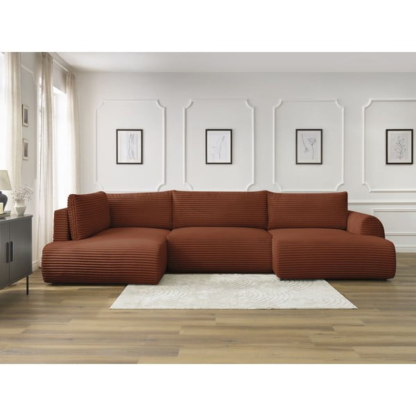 Raudonos plytų spalvos sulankstoma/su sandėliavimo vieta kampinė sofa iš kordinio velveto (su kairiuoju kampu/„U“ formos) Lucien – Bobochic Paris-image-1