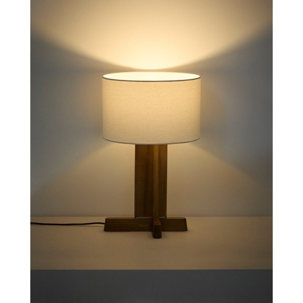 Baltos spalvos/rudos spalvos iš kaučiukmedžio masyvo stalinis šviestuvas (aukštis 48 cm) su tekstiliniu gaubtu Niani – Kave Home-image-2
