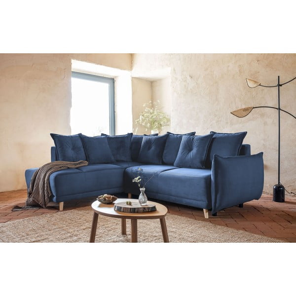 Sulankstoma kampinė sofa iš kordinio velveto tamsiai mėlynos spalvos (su kairiuoju kampu) Lazy Lukka – Miuform-image-1