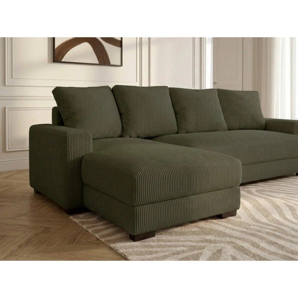 Žalios spalvos sulankstoma/su sandėliavimo vieta kampinė sofa iš kordinio velveto (su kairiuoju kampu/su gultu) Campi – Bobochic Paris-image-4
