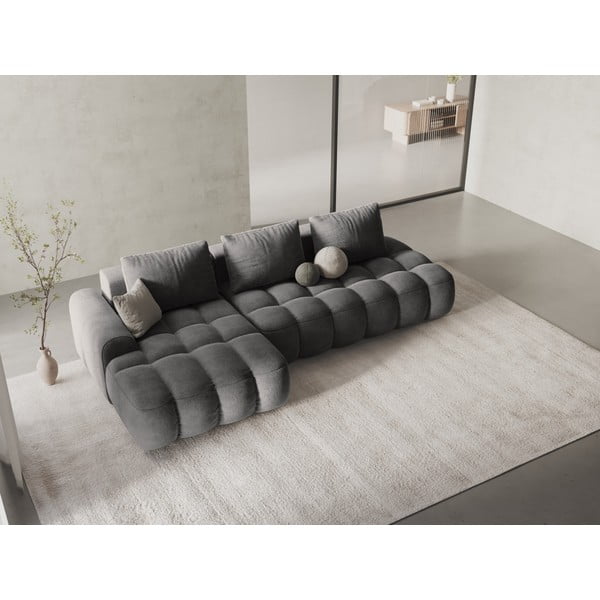 Pilkos spalvos iš velveto sulankstoma/su sandėliavimo vieta kampinė sofa (su kairiuoju kampu/su gultu) Linz – Cosmopolitan Design-image-1