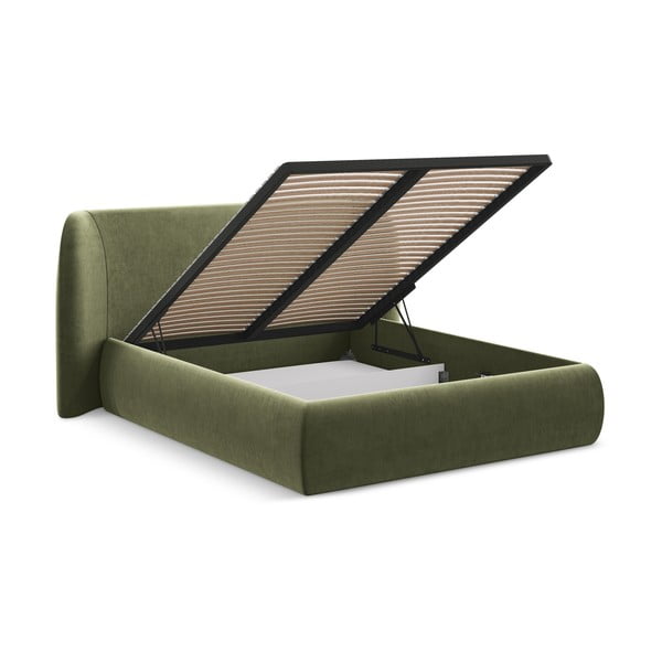 Žalios spalvos dvigulė lova audiniu dengta su sandėliavimo vieta su lovos grotelėmis 160x200 cm Hauke – Makamii-image-2