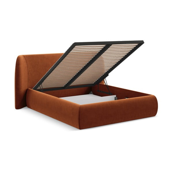 Terakotos spalvos dvigulė lova audiniu dengta su sandėliavimo vieta su lovos grotelėmis 180x200 cm Hauke – Makamii-image-3